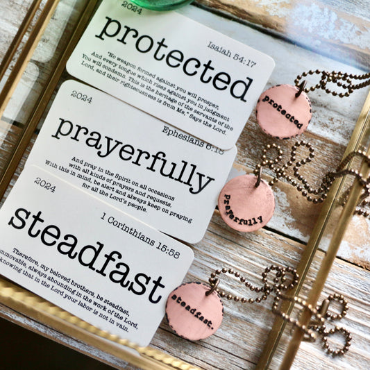 LARGE ROUND custom OLW hand-stamped copper necklace with mini flashcard