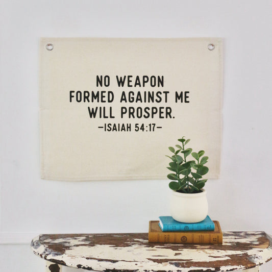 no weapon formed against me will prosper canvas wall flag