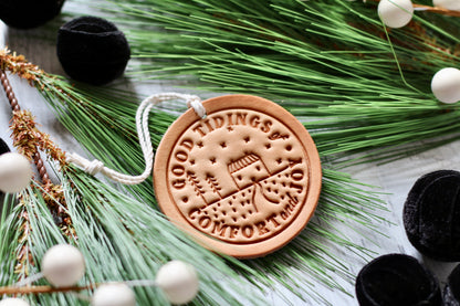 good tidings of comfort & joy - leather hand-stamped ornament