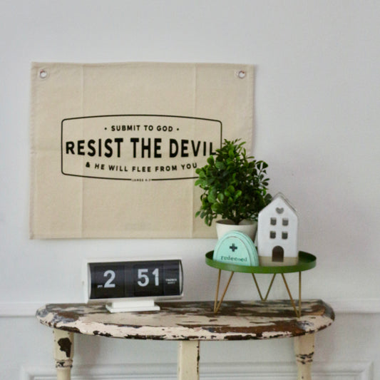 Resist the devil & he will flee canvas wall flag