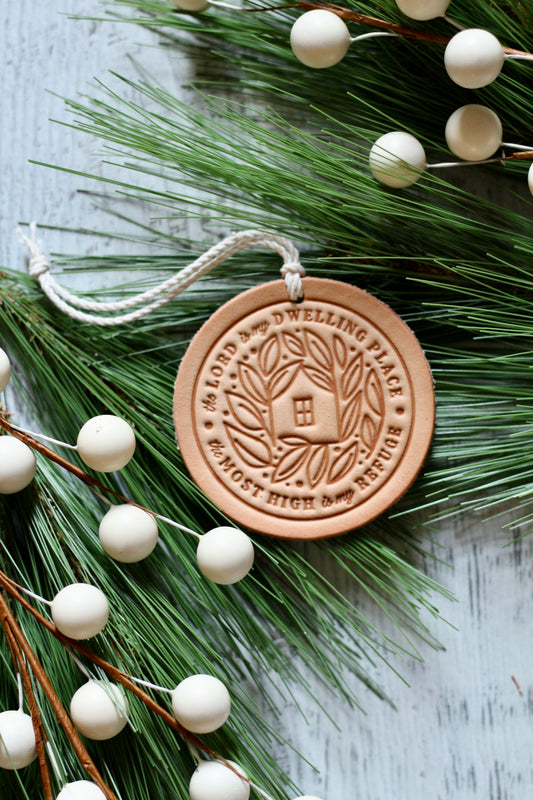 the Lord is my dwelling place & refuge - leather hand-stamped ornament