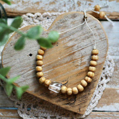 dainty silk cord adjustable beaded bracelet (wood bead + quartz)