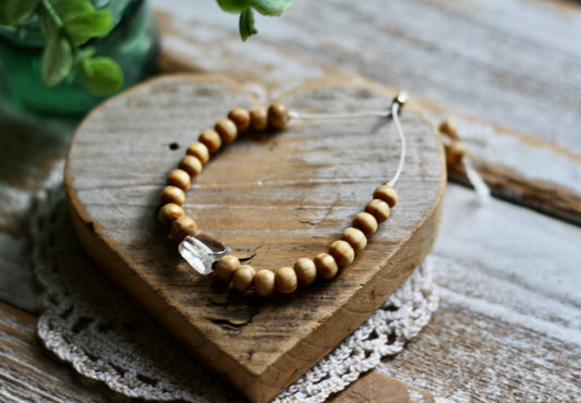 dainty silk cord adjustable beaded bracelet (wood bead + quartz)
