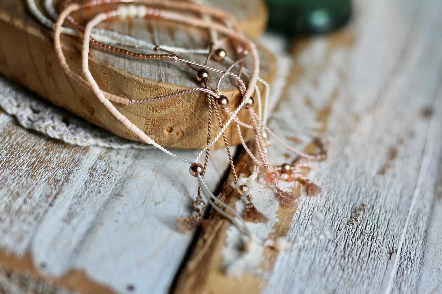 dainty silk cord adjustable beaded bracelet (peach/natural)