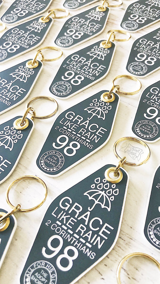 grace like rain grey white retro motel key tag fob