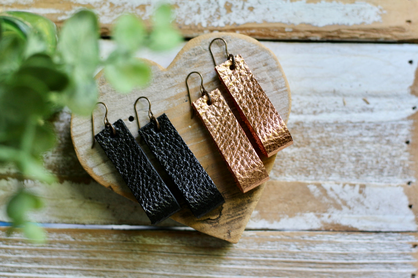 simple loop genuine leather earrings in metallic bronze crosshatch
