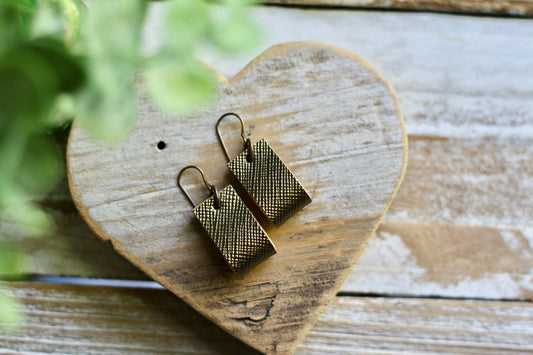simple loop genuine leather earrings in metallic bronze crosshatch