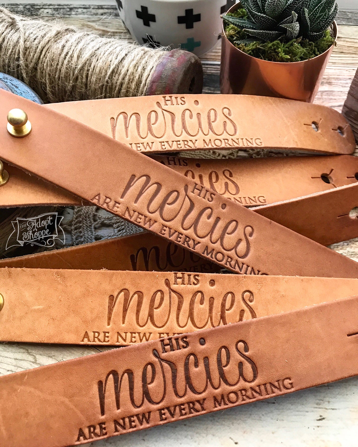 His mercies are new every morning (camel/natural) leather cuff