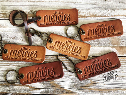 His mercies are new every morning (camel/natural) leather tag