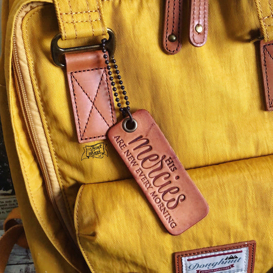 His mercies are new every morning (camel/natural) leather tag