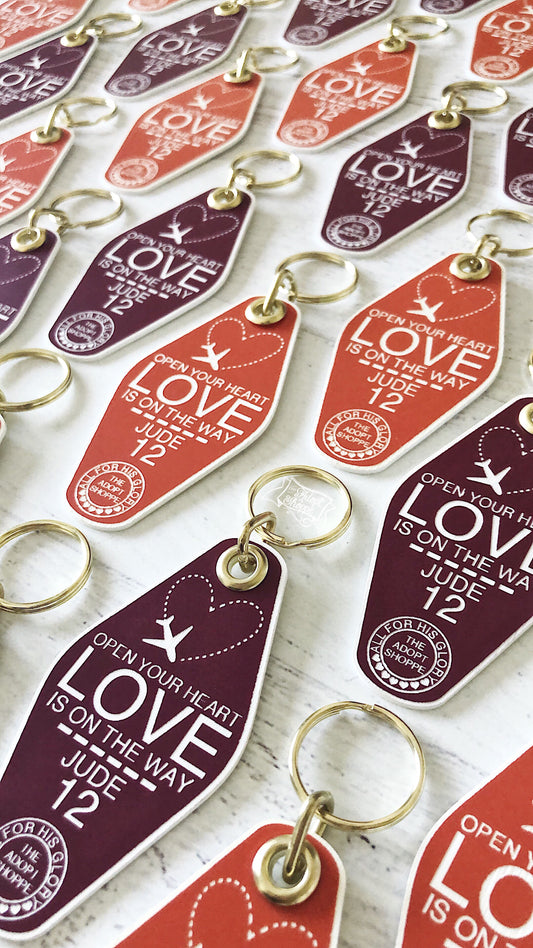 open your heart LOVE is on the way orange maroon white retro motel key tag fob