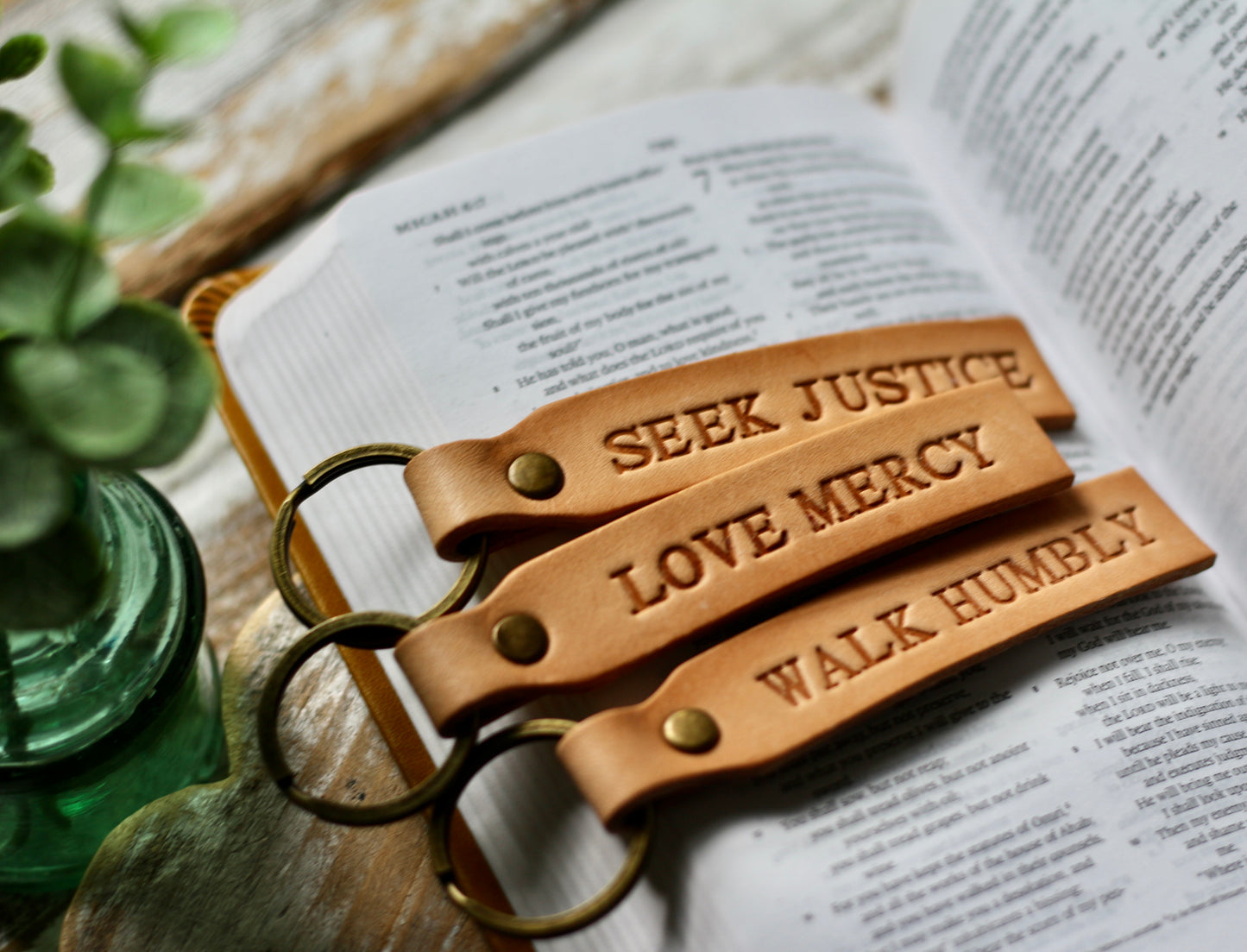 SEEK JUSTICE / LOVE MERCY / WALK HUMBLY leather keyring (camel/natural)