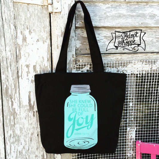 full of joy mason jar black fair trade tote bag