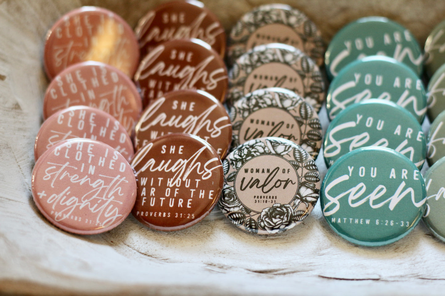 she is clothed in strength and dignity (Proverbs 31:25) flair button pin / magnet / flat back