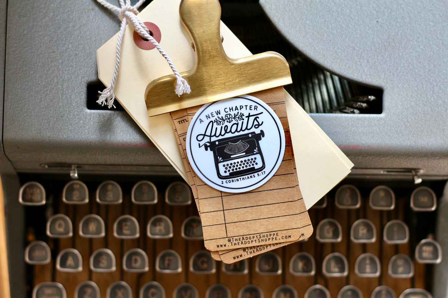 a new chapter awaits - typewriter (2 Corinthians 5:17) waterproof vinyl sticker decal