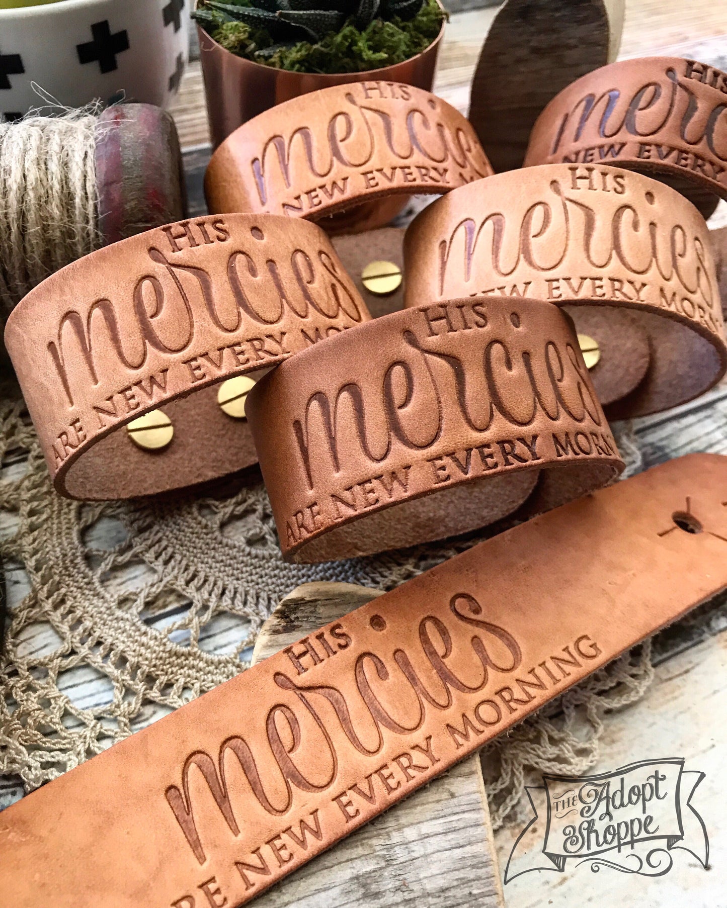 His mercies are new every morning (camel/natural) leather cuff