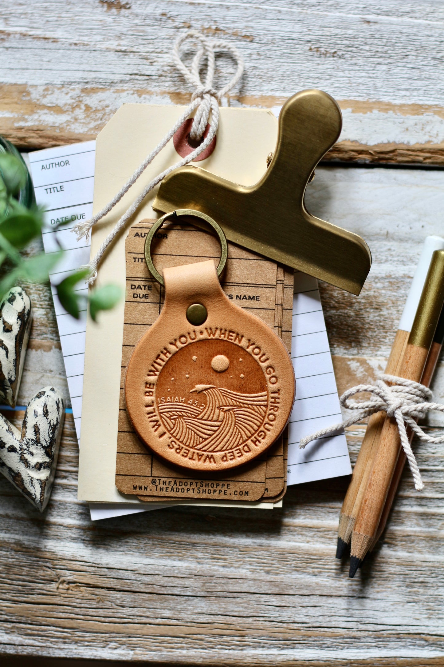 DEEP WATERS (Isaiah 43:2) leather keyring (camel/natural)