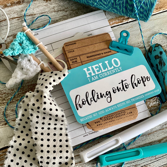 holding onto hope hello nametag (Hebrews 10:23) #TheAdoptShoppecard