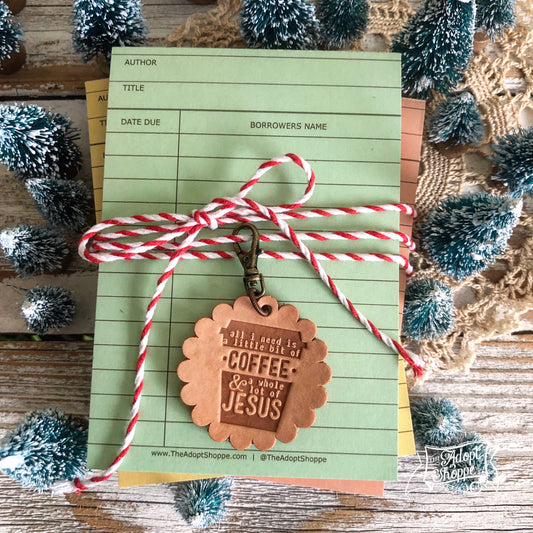 all i need is a little bit of coffee and a whole lot of Jesus leather charm tag