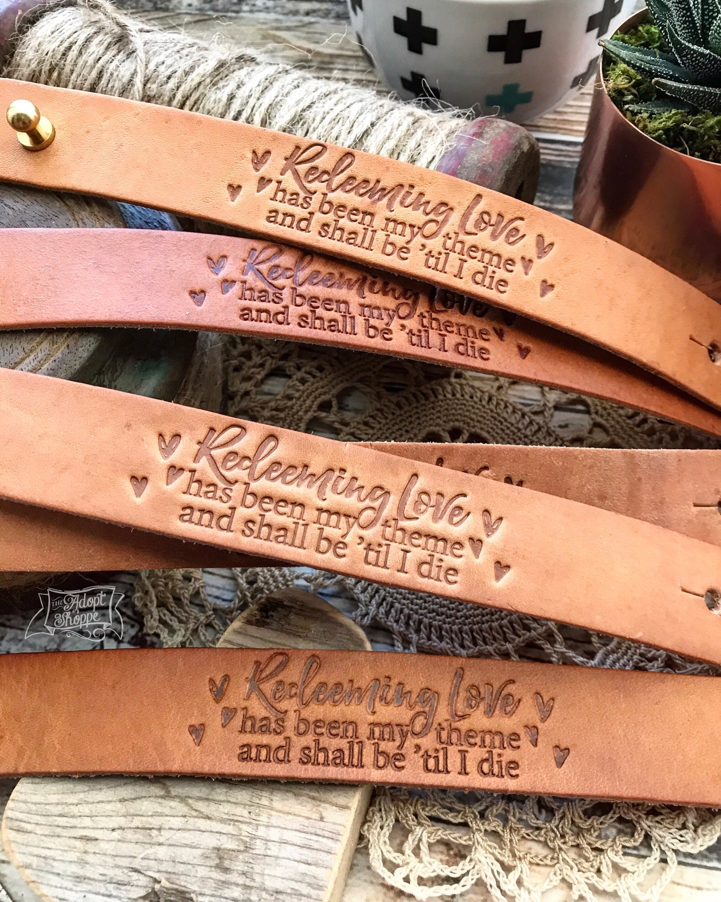 redeeming love has been my theme and shall be 'til i die hymn (natural camel) leather cuff