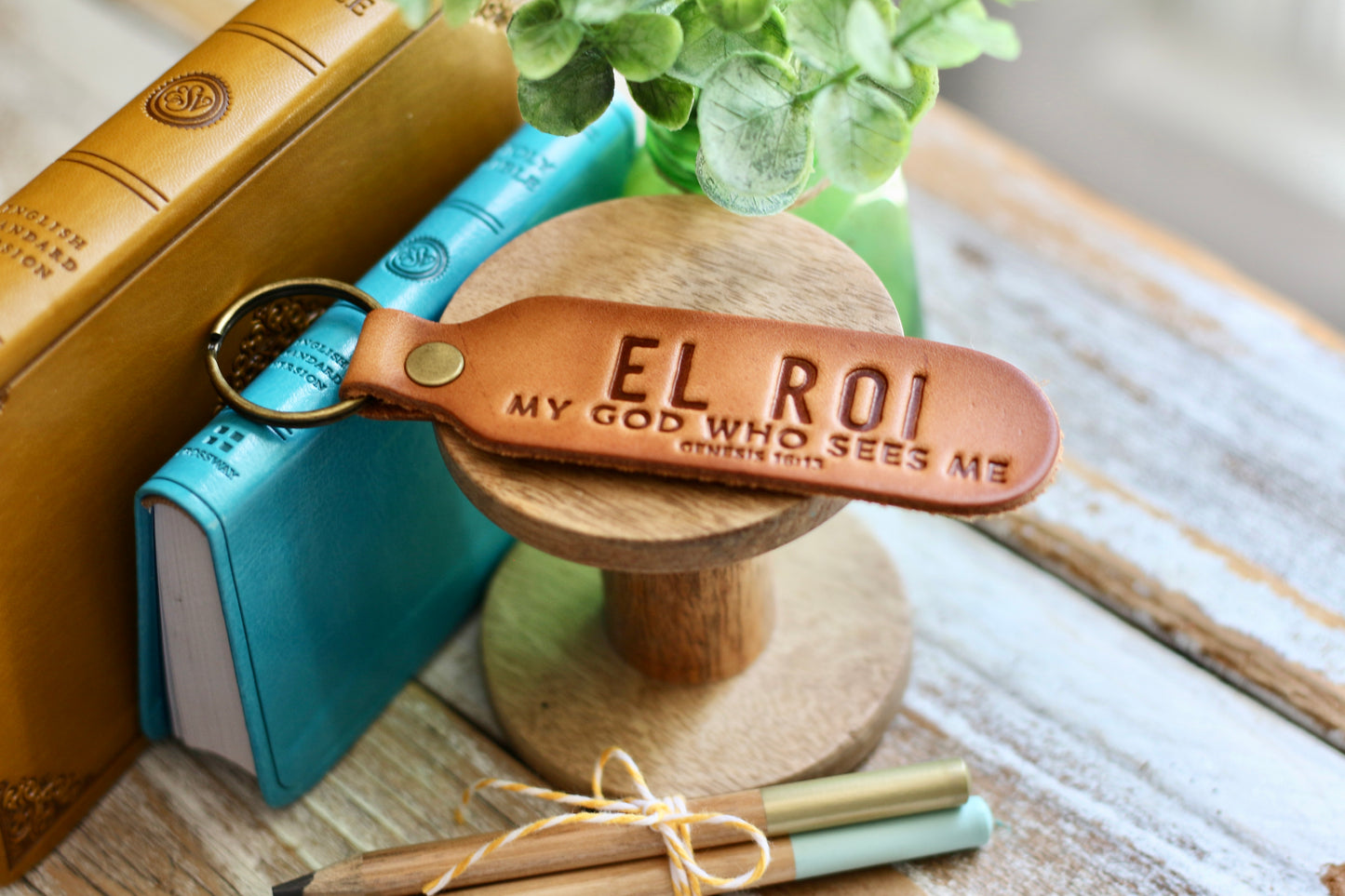 El Roi - my God who sees me {Genesis 16:13} leather keyring (camel/natural)