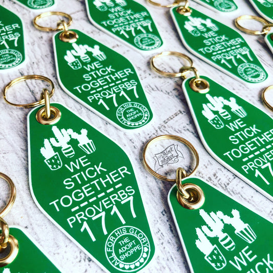 we stick together green white cactus succulent retro motel key tag fob