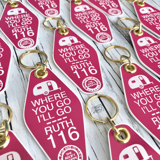 where you go i'll go camper pink retro motel key tag fob