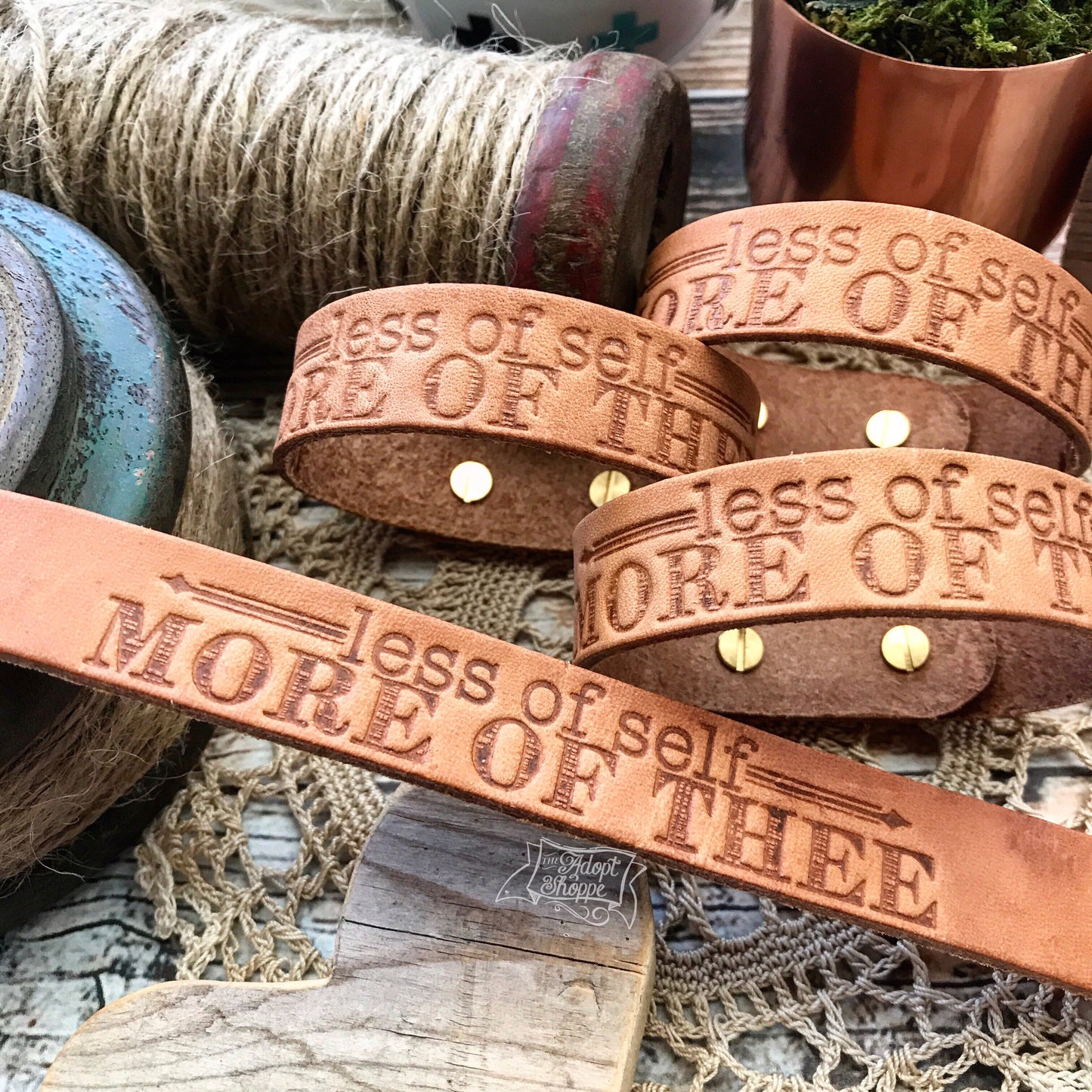 less of self - more of Thee (camel/natural) leather cuff