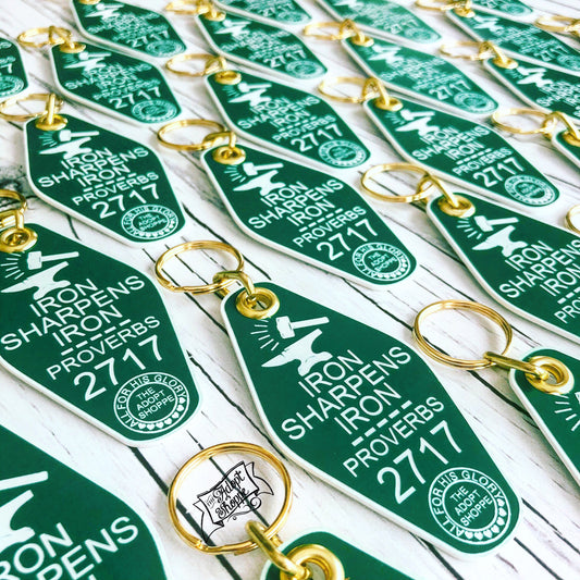 iron sharpens iron evergreen & white retro motel key tag fob