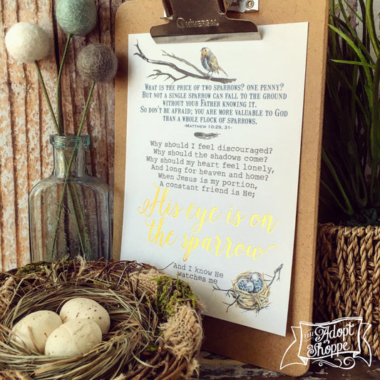 His eye is on the sparrow hymn encouragement gold foil 5"x7" print