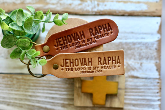 Jehovah Rapha - the Lord is my healer {Jeremiah 17:14} leather keyring (camel/natural)
