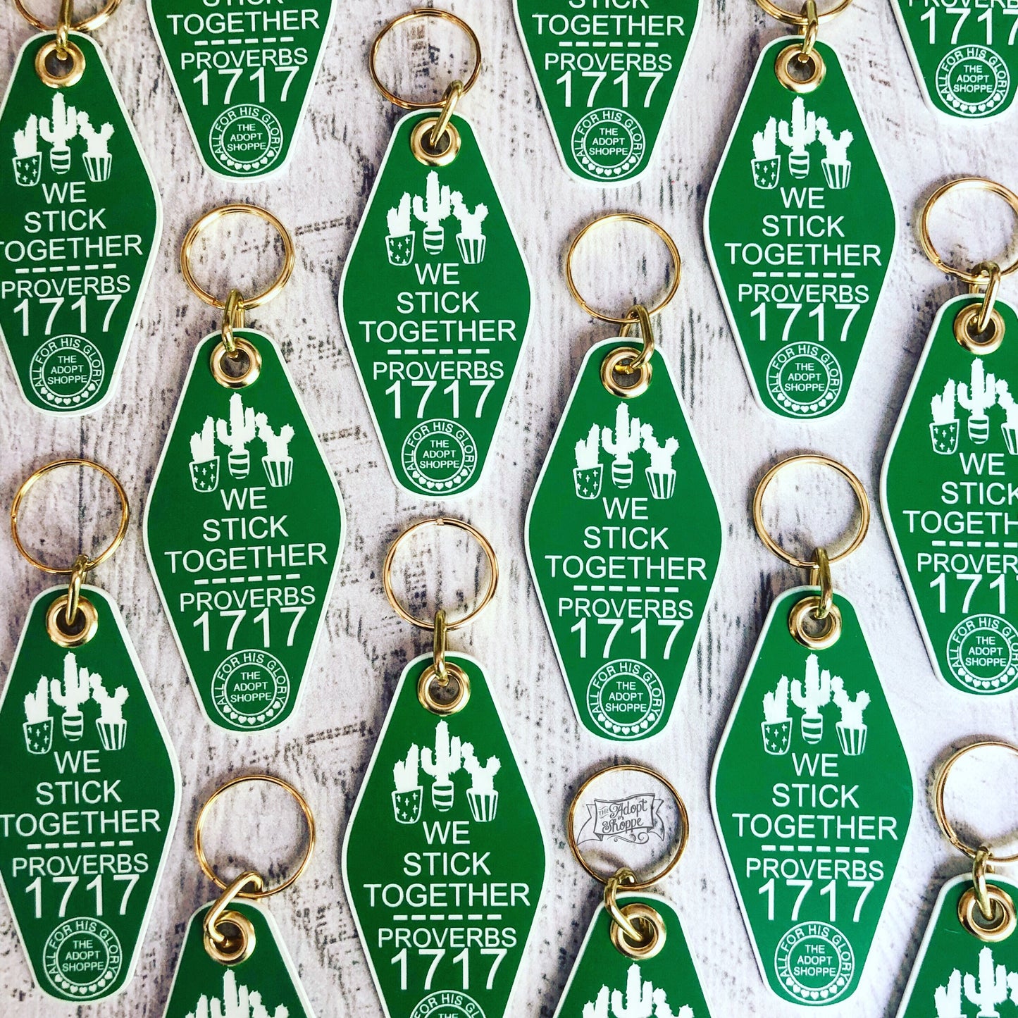 we stick together green white cactus succulent retro motel key tag fob