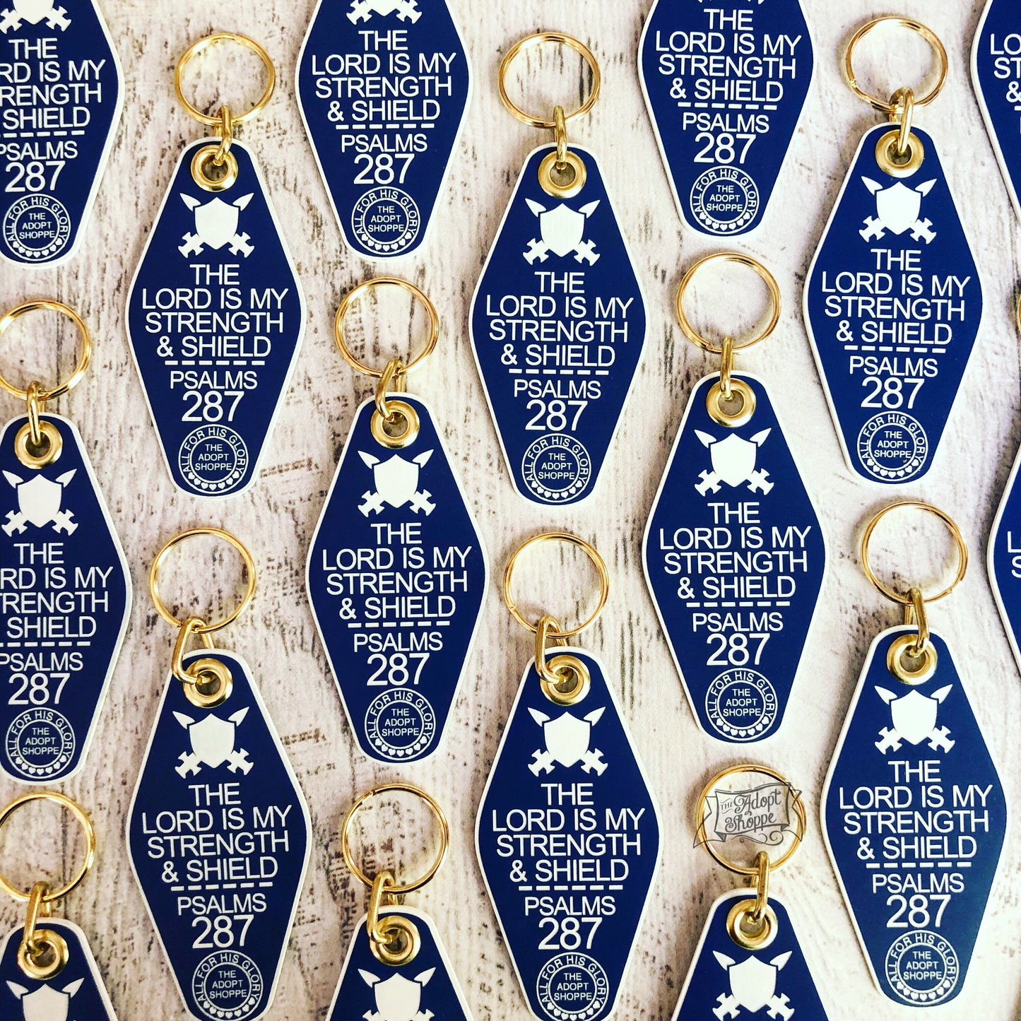 the Lord is my strength & shield blue white retro motel key tag fob
