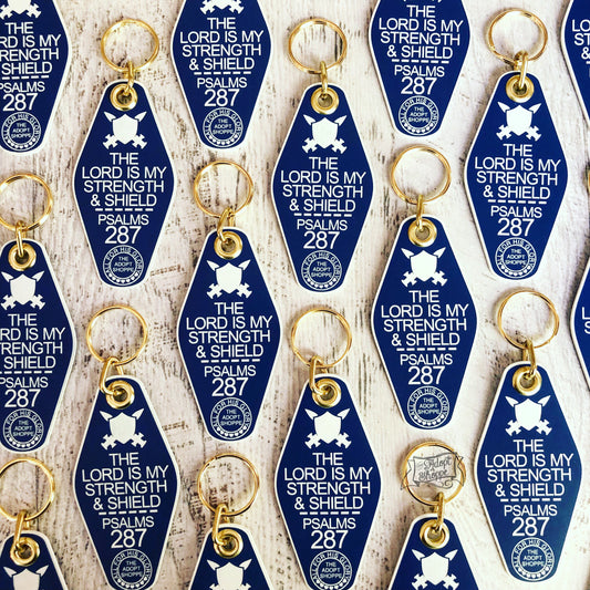 the Lord is my strength & shield blue white retro motel key tag fob
