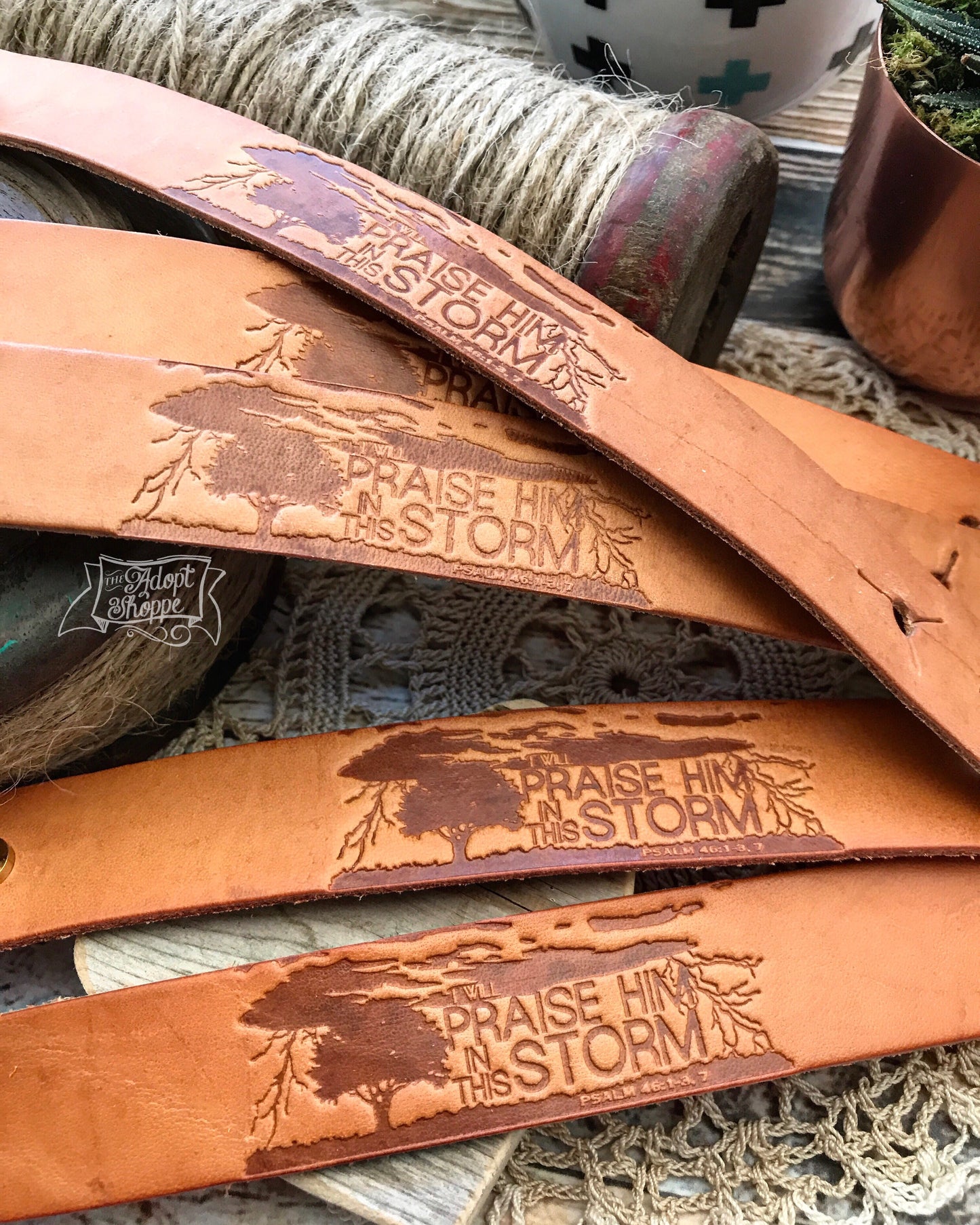 i will praise Him in this storm (camel/natural) leather cuff