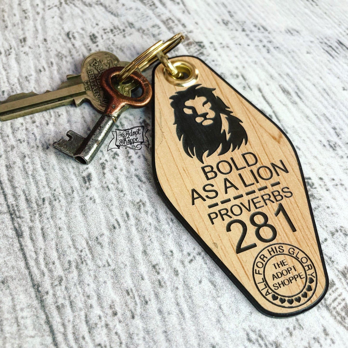 bold as a lion black wood retro motel key tag fob