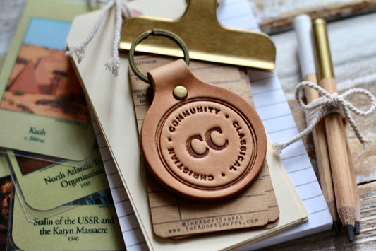 CLASSICAL CONVERSATIONS • CLASSICAL • CHRISTIAN • COMMUNITY • CC leather keyring (camel/natural)