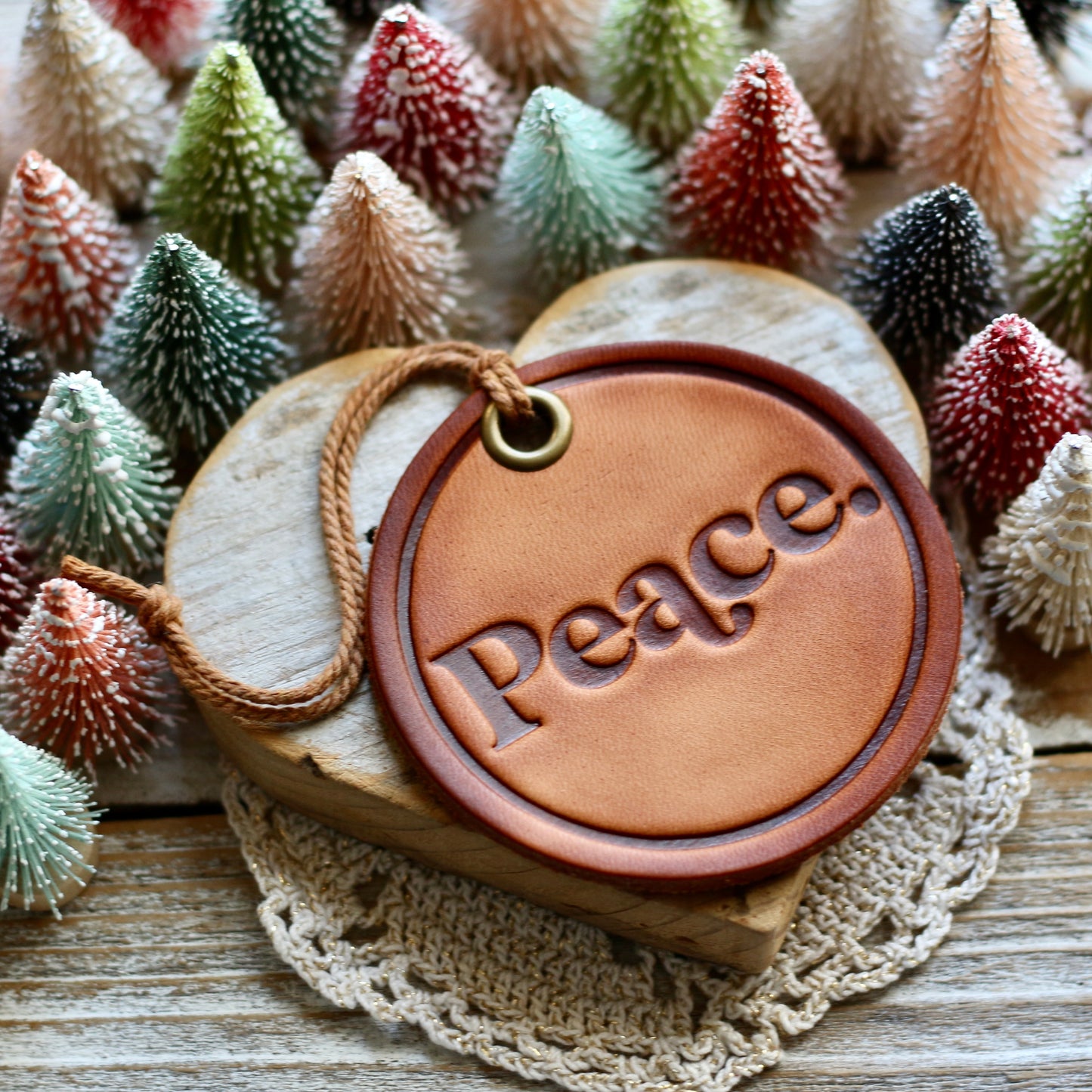 leather hand-stamped ornament - Peace