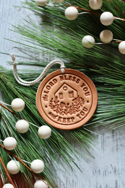 the Lord bless you & keep you - leather hand-stamped ornament
