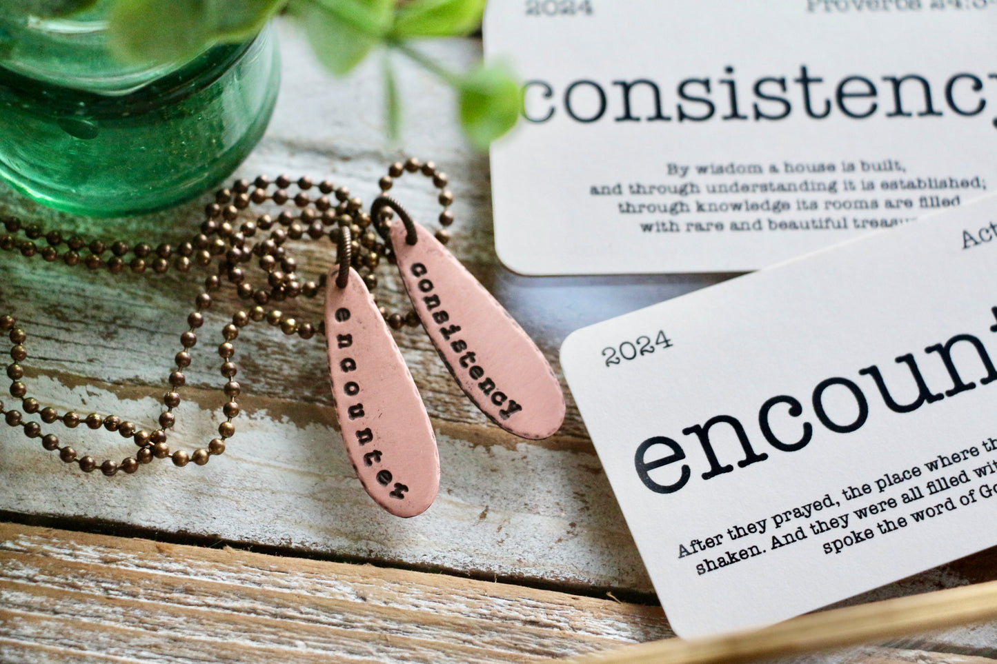 LONG TEARDROP custom OLW hand-stamped copper necklace with mini flashcard