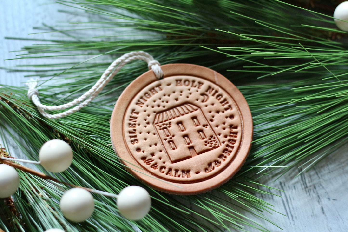 silent night holy night - leather hand-stamped ornament