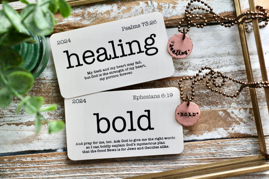 SMALL ROUND custom OLW hand-stamped copper necklace with mini flashcard