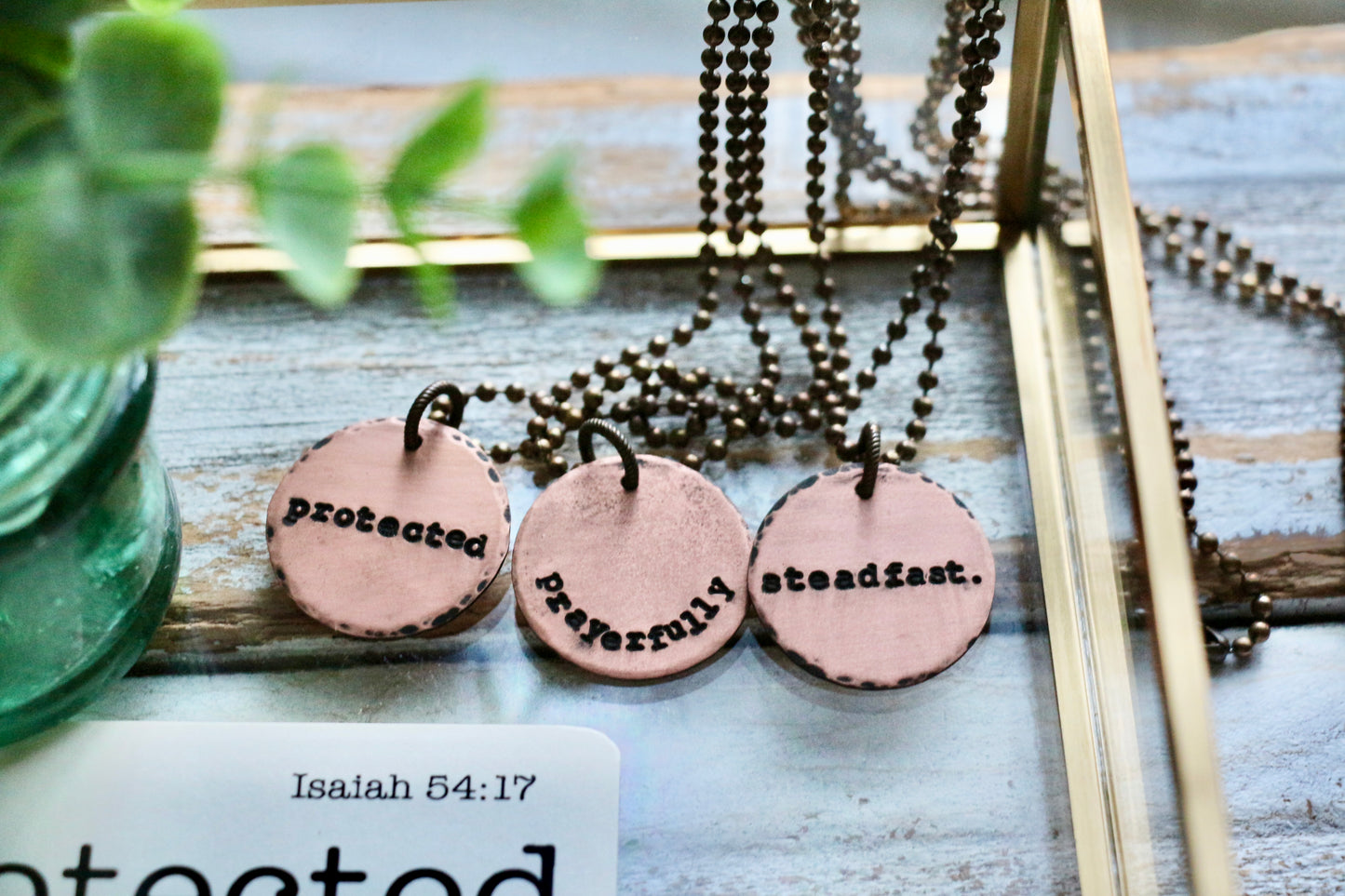 LARGE ROUND custom OLW hand-stamped copper necklace with mini flashcard