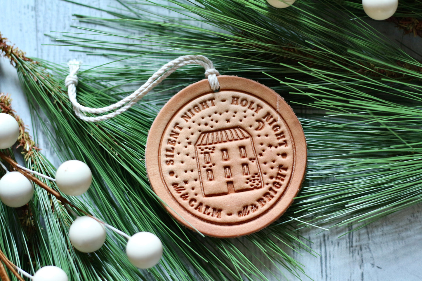 silent night holy night - leather hand-stamped ornament