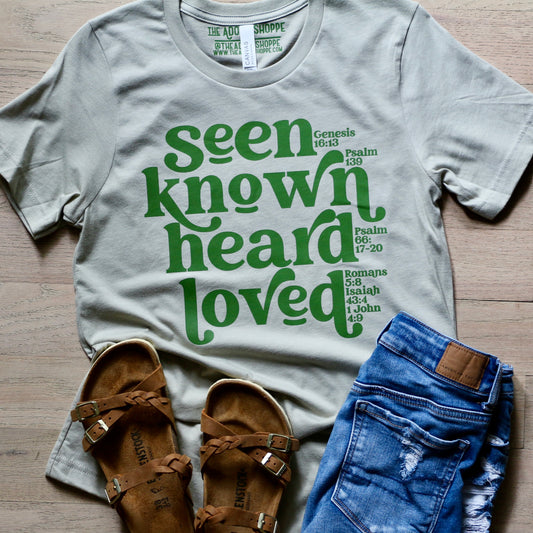 SEEN KNOWN HEARD LOVED unisex cotton t-shirt