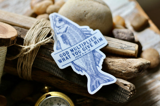 God multiplies what you give Him - fish (John 6:5-19) waterproof vinyl sticker decal