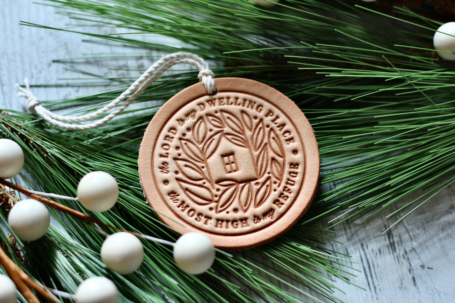 the Lord is my dwelling place & refuge - leather hand-stamped ornament