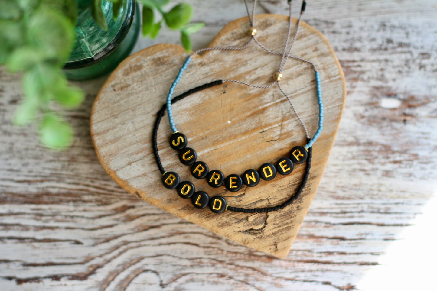 WORD dainty silk cord adjustable beaded bracelet (black with gold letters)