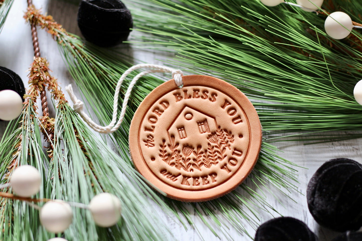 the Lord bless you & keep you - leather hand-stamped ornament