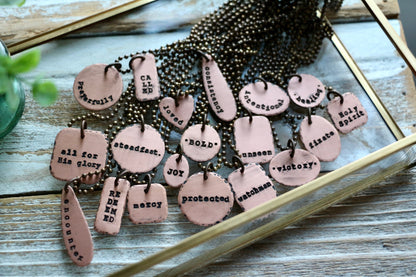 SMALL ROUND custom OLW hand-stamped copper necklace with mini flashcard